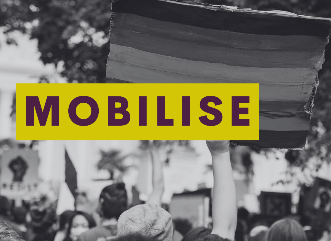 photo from a protest, with a person holding a rainbow flag. text reads Mobilise