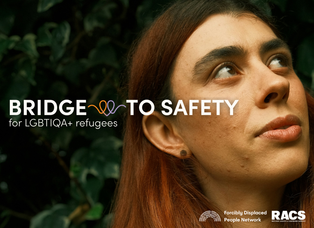 a photo of a woman. text reads bridge to safety for lgbtiqa+ refugees
