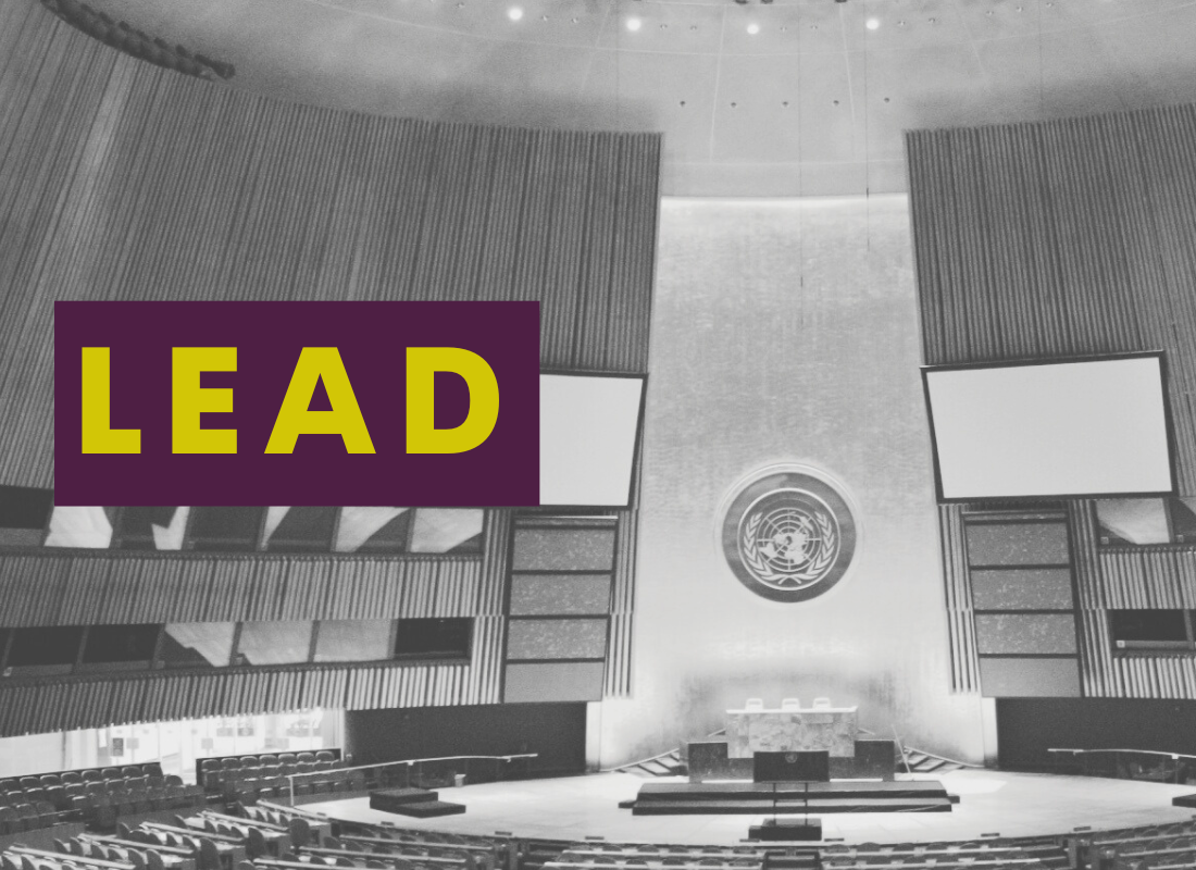Black and white photo of an UN meeting room. text reads lead